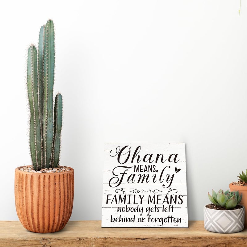 SUSZDOU Family Wooden Plaque, “Family Means Nobody Gets Left Behind or Forgotten”, 6.2x6.2 Inch Table Art Sign, Farmhouse Quote Decor for Living Room or Home Tabletop D - Image 5